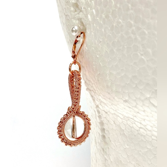 HANDMADE Clear Quartz Hand Wrapped Bare Copper Statement Dangle Earrings - Picture 5 of 10